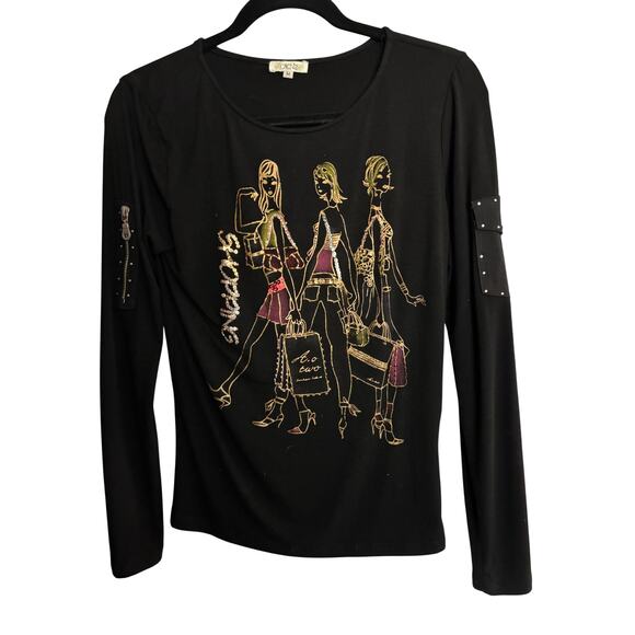 Cache Black Embellished Long Sleeve Tee T Shirt Top SHOPPING Sequins Stretch M - Picture 2 of 8